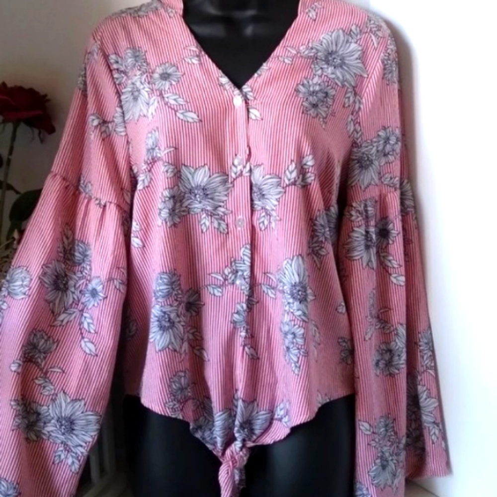 Haute Project Crimson Red And White Polyester Loose Fit Long Sleeve Blouse.
